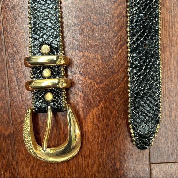 Simons Black Snakeskin Pattern, Gold Glitter Leather Belt, Gold Buckle Size XS/S